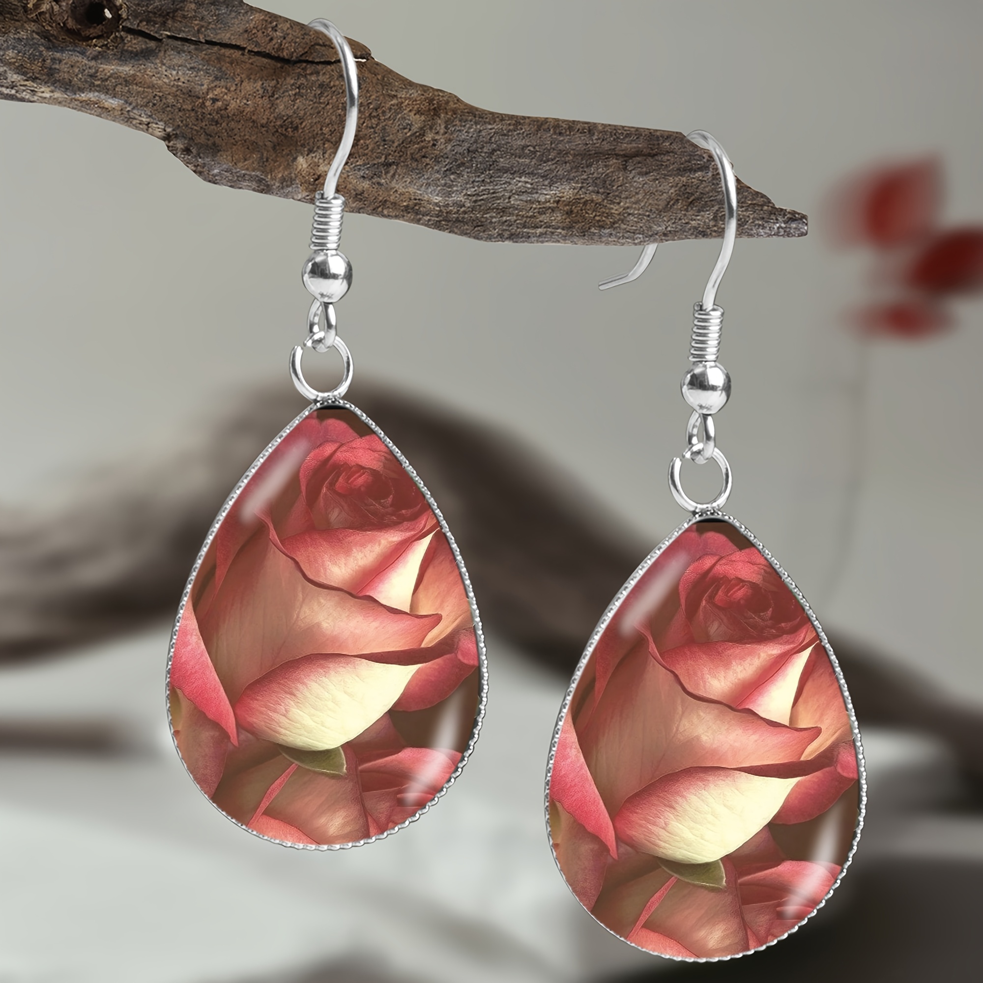Warm-Toned Pink Rose Teardrop Earrings, Vintage Style